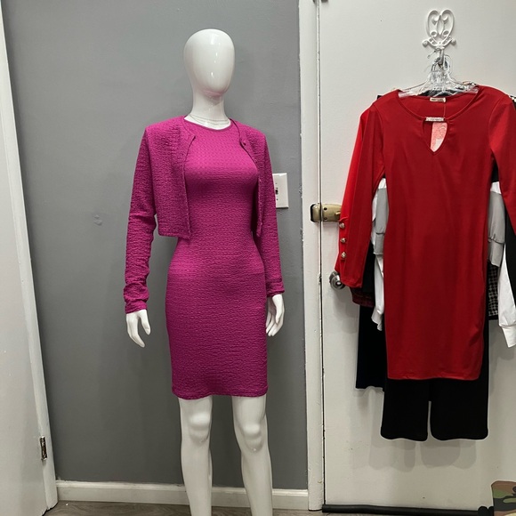 Anna-Kaci Dresses & Skirts - Fuchsia Textured Knit Sheath Dress with Cropped Cardigan